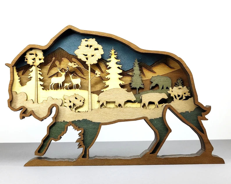 Wood Art - Bison w/ Mountain Views