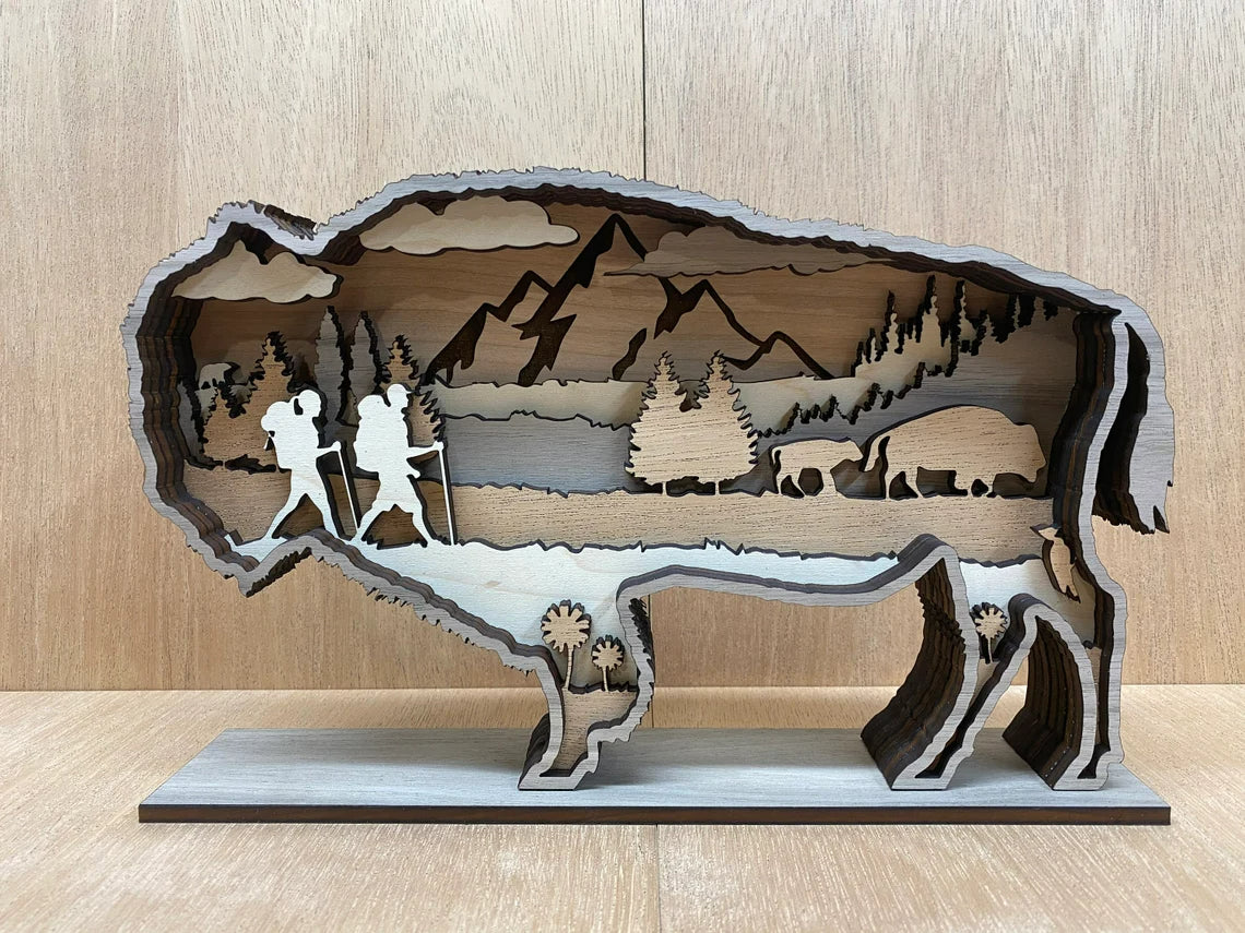Wood Art - Bison w/ Hikers