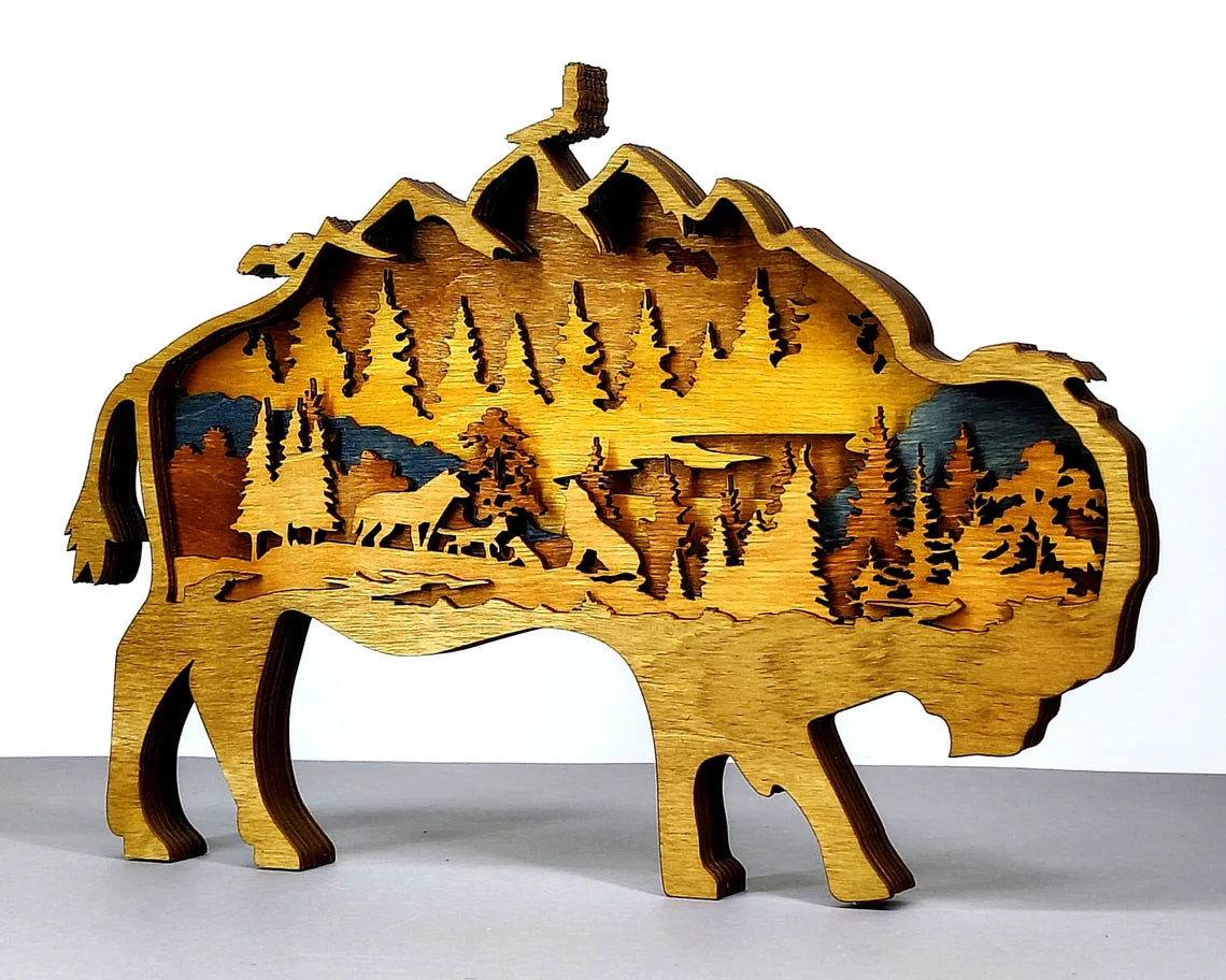 Wood Art - Bison w/ Wolves